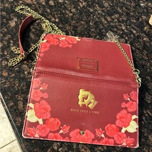Loungefly Red Floral Beauty and the Beast Crossbody Bag with Gold Chain